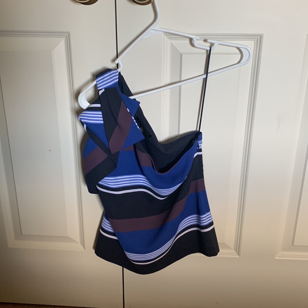 🍌 Banana Republic One-Shoulder Blue, Brown, Black & White Drape Bow Top 🍌 - Picture 2 of 5
